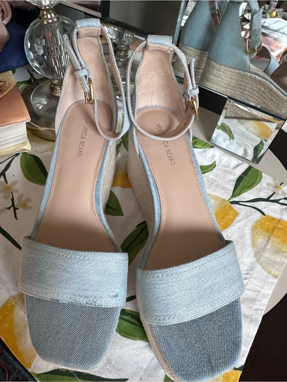 Veronica Beard Light Blue Denim Espadrille Wedge Sandals